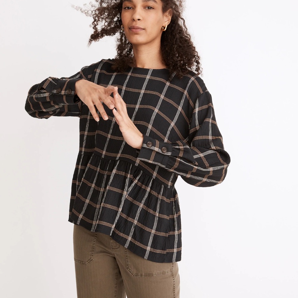 Madewell Black and Tan Plaid Blouse